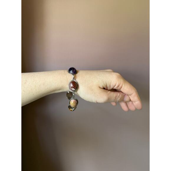 Sterling Silver Link Purple Stichtite Gemstone Bracelet Toggle Clasp Vtg Western - Picture 5 of 16